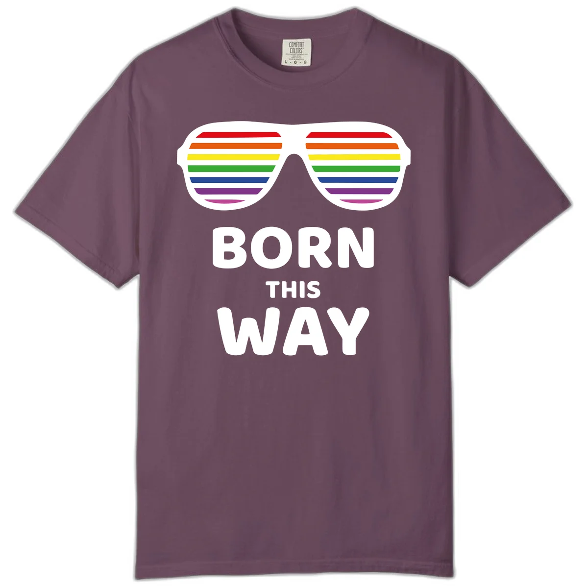 Born This Way Pride design featuring rainbow shutter shade glasses with colorful horizontal stripes and bold text celebrating LGBTQ identity in Berry