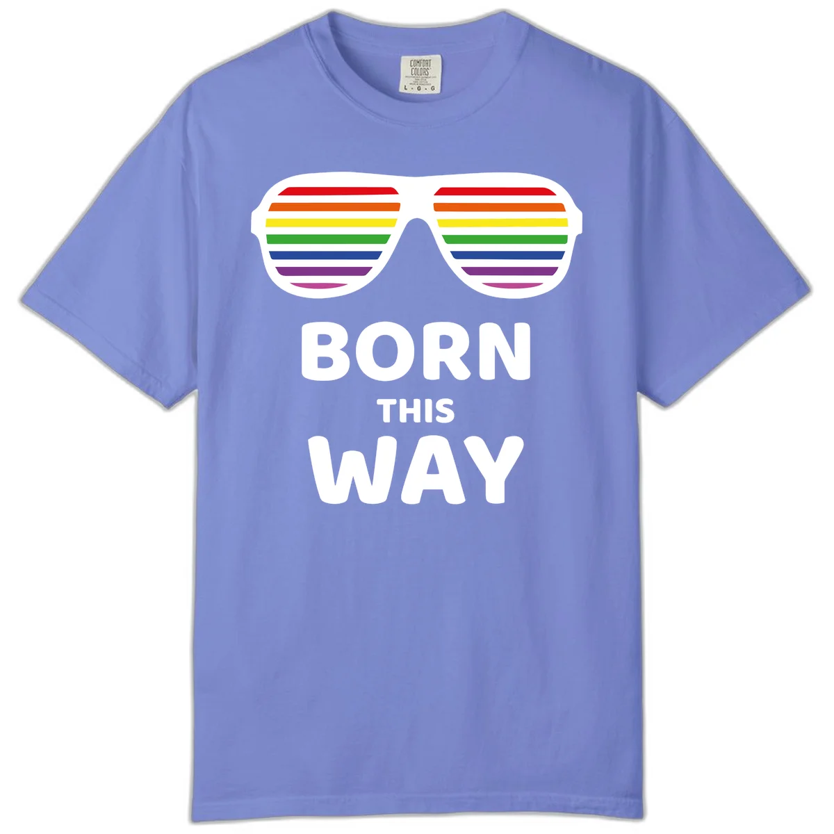 Born This Way Pride design featuring rainbow shutter shade glasses with colorful horizontal stripes and bold text celebrating LGBTQ identity in Flo Blue