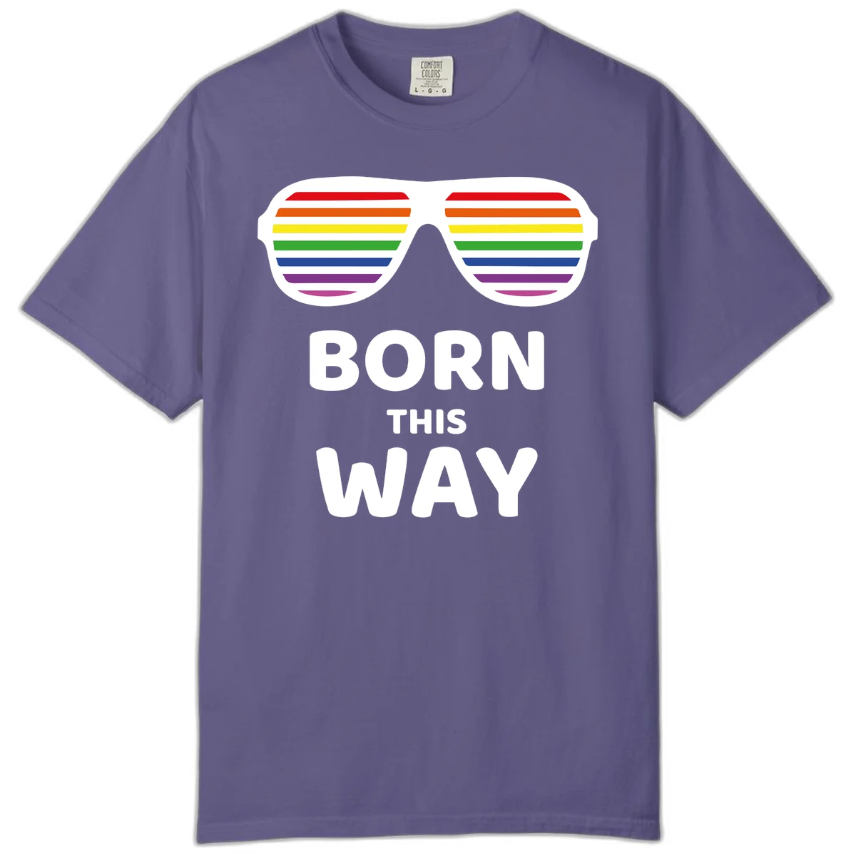 Born This Way Pride design featuring rainbow shutter shade glasses with colorful horizontal stripes and bold text celebrating LGBTQ identity in Grape