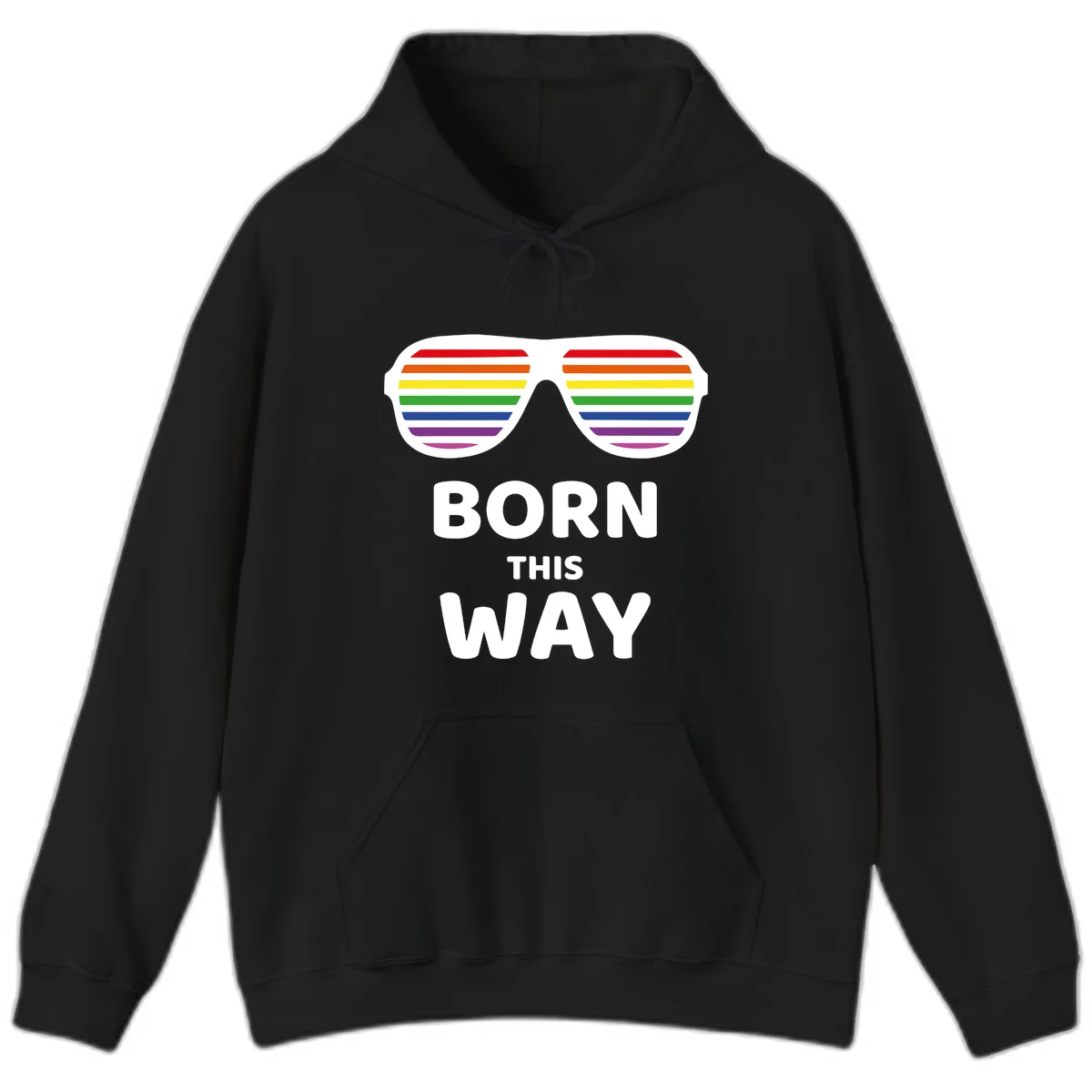 Born This Way Pride design featuring rainbow shutter shade glasses with colorful horizontal stripes and bold text celebrating LGBTQ identity in Black