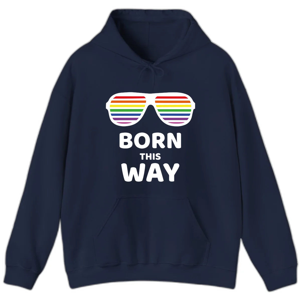 Born This Way Pride design featuring rainbow shutter shade glasses with colorful horizontal stripes and bold text celebrating LGBTQ identity in Navy