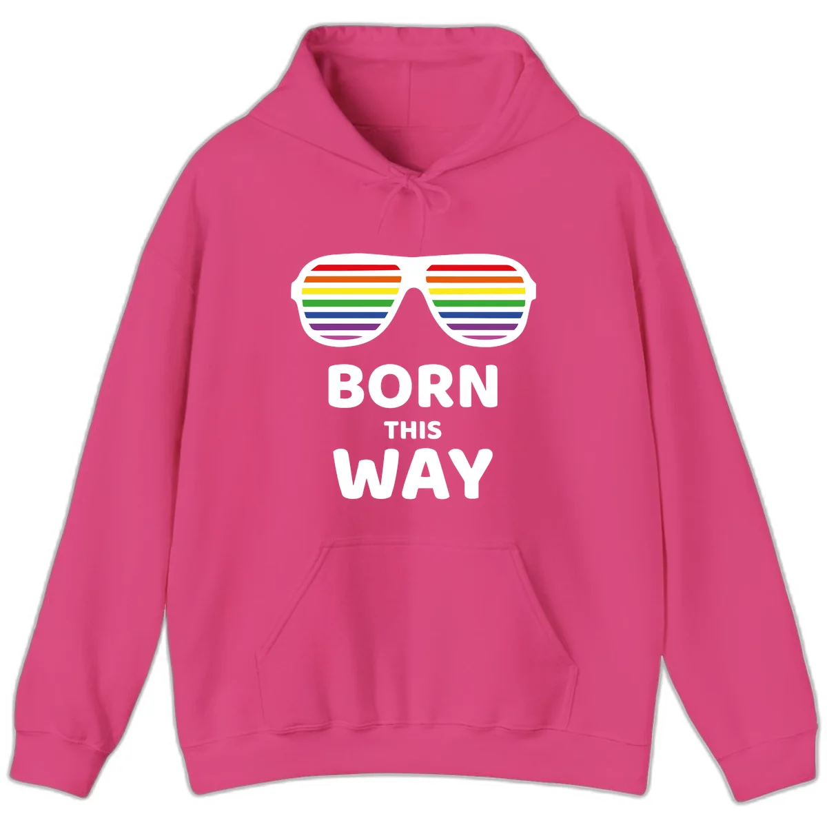 Born This Way Pride design featuring rainbow shutter shade glasses with colorful horizontal stripes and bold text celebrating LGBTQ identity in Heliconia