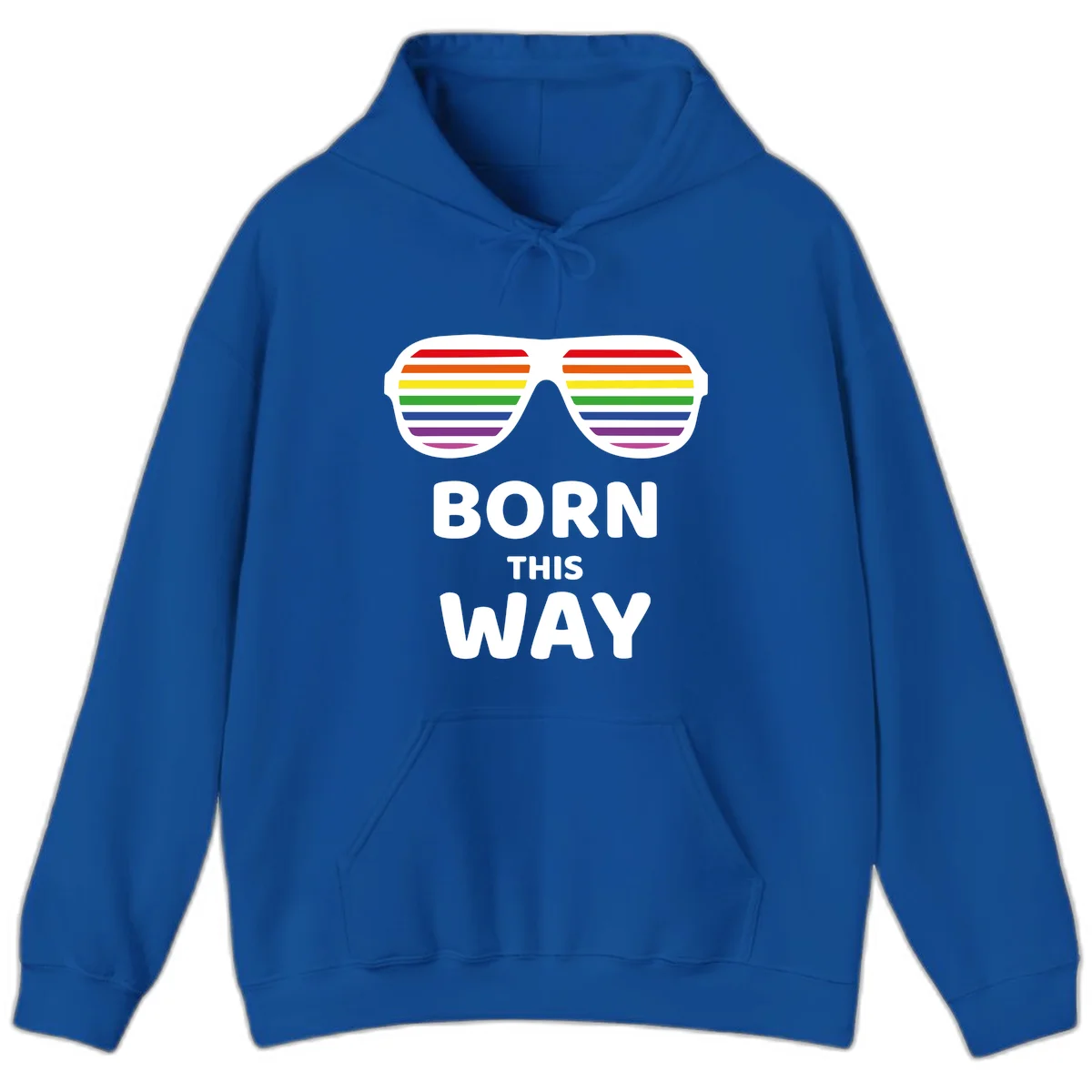 Born This Way Pride design featuring rainbow shutter shade glasses with colorful horizontal stripes and bold text celebrating LGBTQ identity in Royal