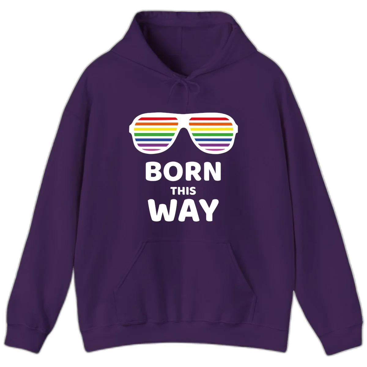Born This Way Pride design featuring rainbow shutter shade glasses with colorful horizontal stripes and bold text celebrating LGBTQ identity in Purple