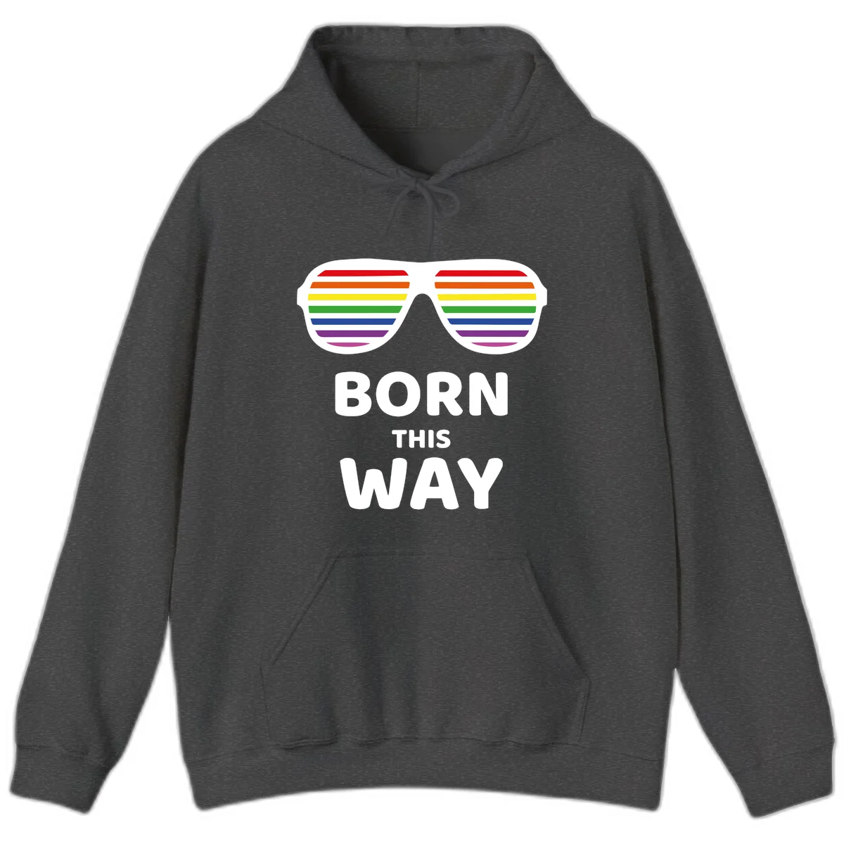 Born This Way Pride design featuring rainbow shutter shade glasses with colorful horizontal stripes and bold text celebrating LGBTQ identity in Dark Heather