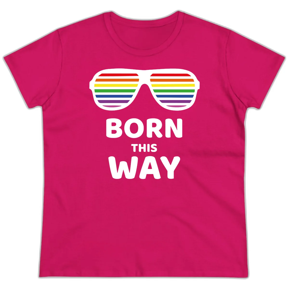 Born This Way Pride design featuring rainbow shutter shade glasses with colorful horizontal stripes and bold text celebrating LGBTQ identity in Heliconia
