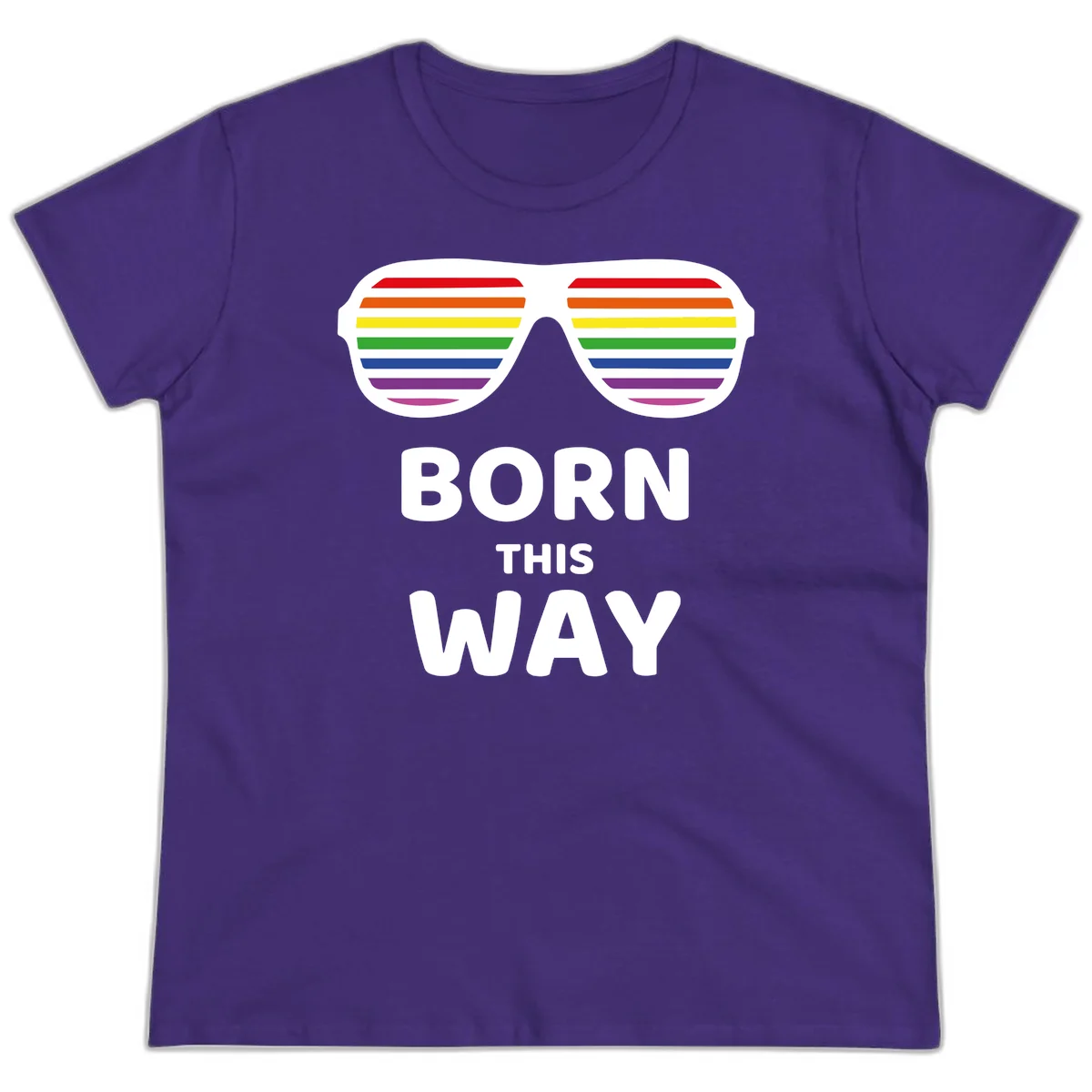Born This Way Pride design featuring rainbow shutter shade glasses with colorful horizontal stripes and bold text celebrating LGBTQ identity in Purple
