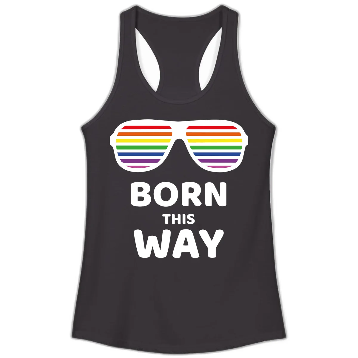 Born This Way Pride design featuring rainbow shutter shade glasses with colorful horizontal stripes and bold text celebrating LGBTQ identity in Black