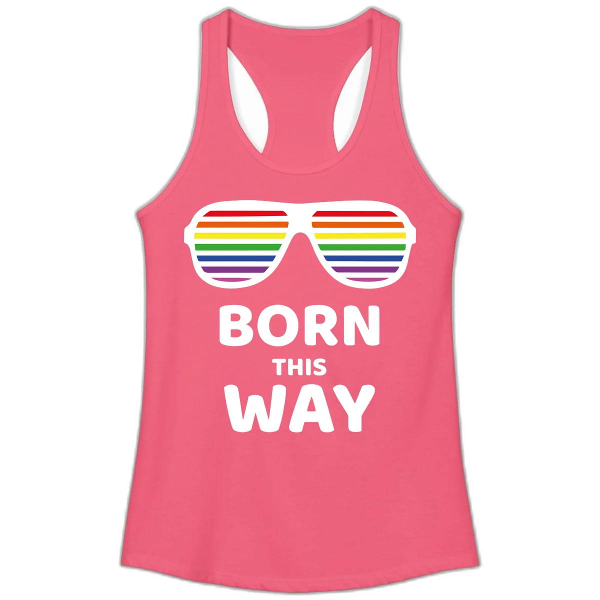 Born This Way Pride design featuring rainbow shutter shade glasses with colorful horizontal stripes and bold text celebrating LGBTQ identity in Hot Pink