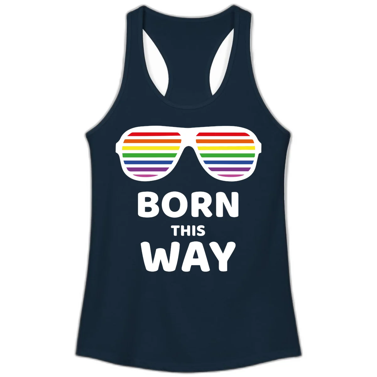 Born This Way Pride design featuring rainbow shutter shade glasses with colorful horizontal stripes and bold text celebrating LGBTQ identity in Solid Midnight Navy