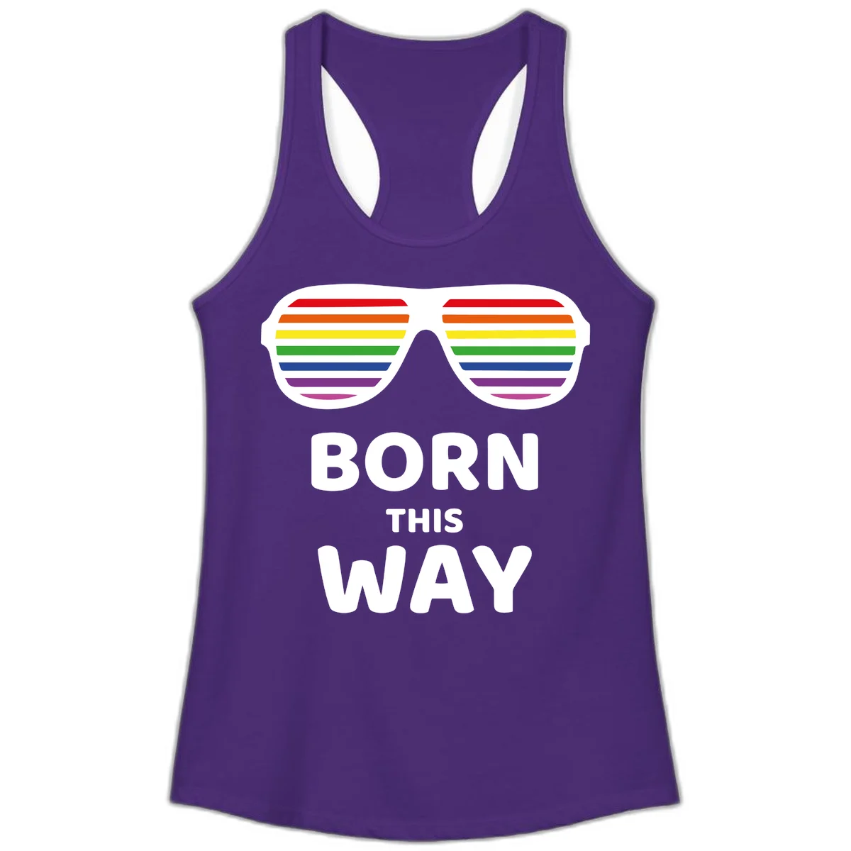 Born This Way Pride design featuring rainbow shutter shade glasses with colorful horizontal stripes and bold text celebrating LGBTQ identity in Solid Purple Rush
