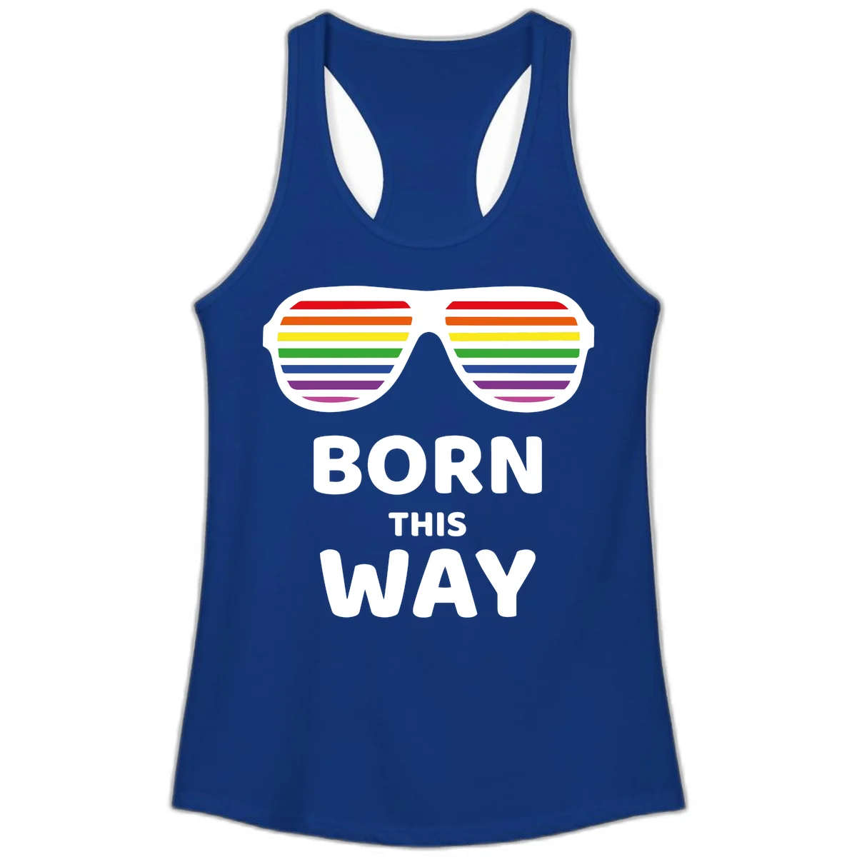 Born This Way Pride design featuring rainbow shutter shade glasses with colorful horizontal stripes and bold text celebrating LGBTQ identity in Solid Royal