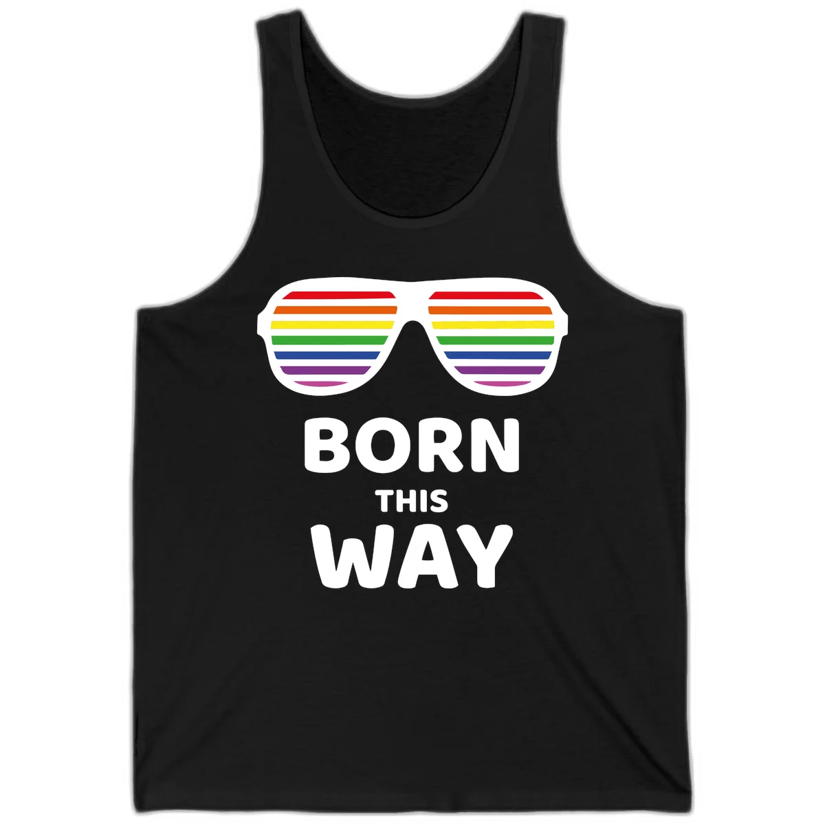 Born This Way Pride design featuring rainbow shutter shade glasses with colorful horizontal stripes and bold text celebrating LGBTQ identity in Black