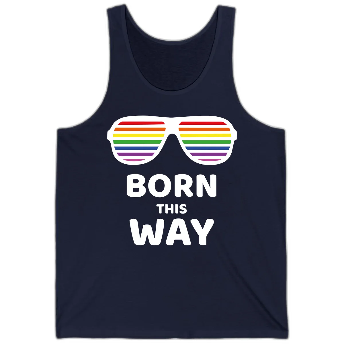 Born This Way Pride design featuring rainbow shutter shade glasses with colorful horizontal stripes and bold text celebrating LGBTQ identity in Navy