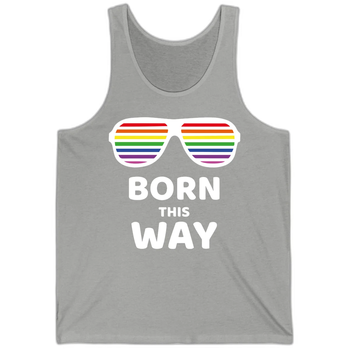 Born This Way Pride design featuring rainbow shutter shade glasses with colorful horizontal stripes and bold text celebrating LGBTQ identity in Athletic Heather