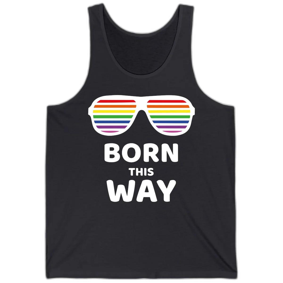 Born This Way Pride design featuring rainbow shutter shade glasses with colorful horizontal stripes and bold text celebrating LGBTQ identity in Dark Grey