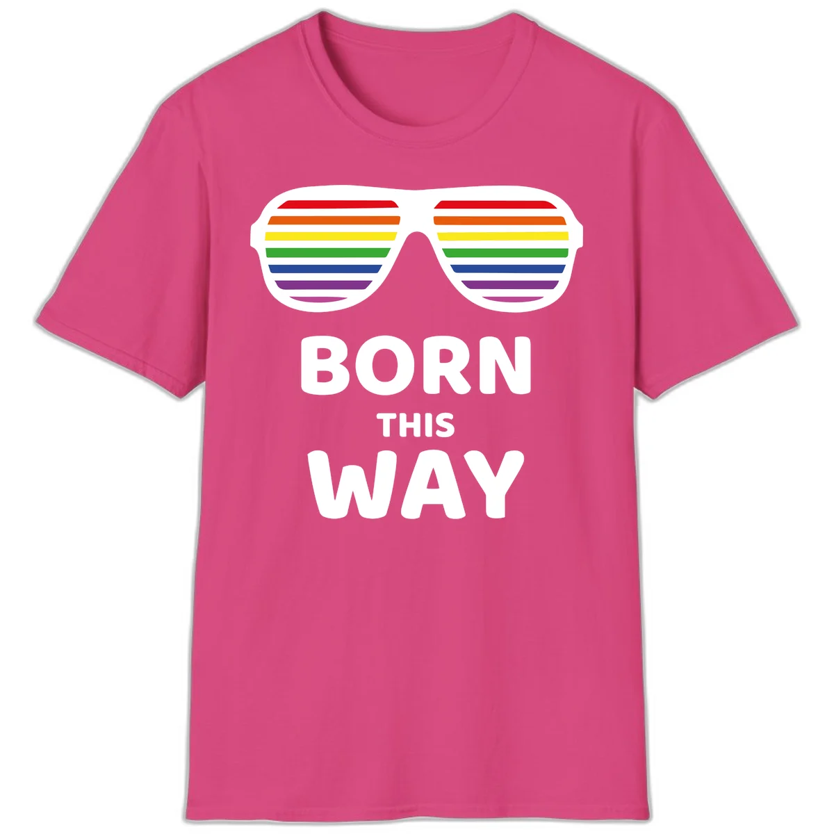 Born This Way Pride design featuring rainbow shutter shade glasses with colorful horizontal stripes and bold text celebrating LGBTQ identity in Heliconia