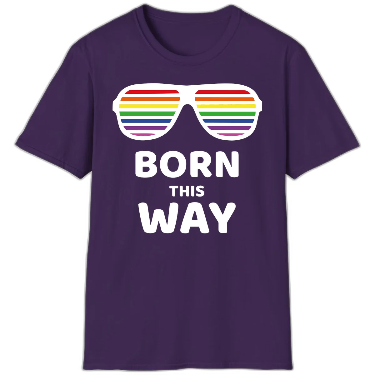 Born This Way Pride design featuring rainbow shutter shade glasses with colorful horizontal stripes and bold text celebrating LGBTQ identity in Purple