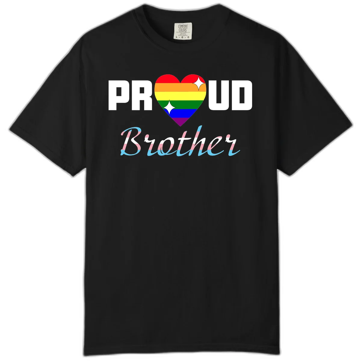 Proud Brother Pride design with rainbow-striped heart and colorful text celebrating LGBTQ+ pride and family support in Black