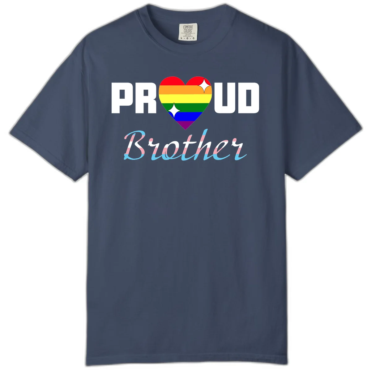 Proud Brother Pride design with rainbow-striped heart and colorful text celebrating LGBTQ+ pride and family support in Midnight