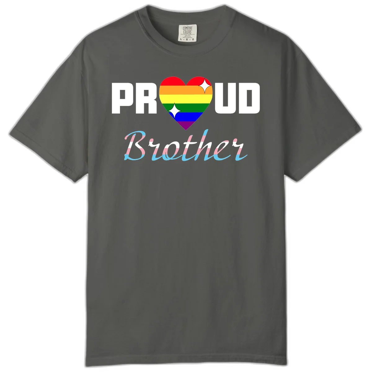 Proud Brother Pride design with rainbow-striped heart and colorful text celebrating LGBTQ+ pride and family support in Pepper