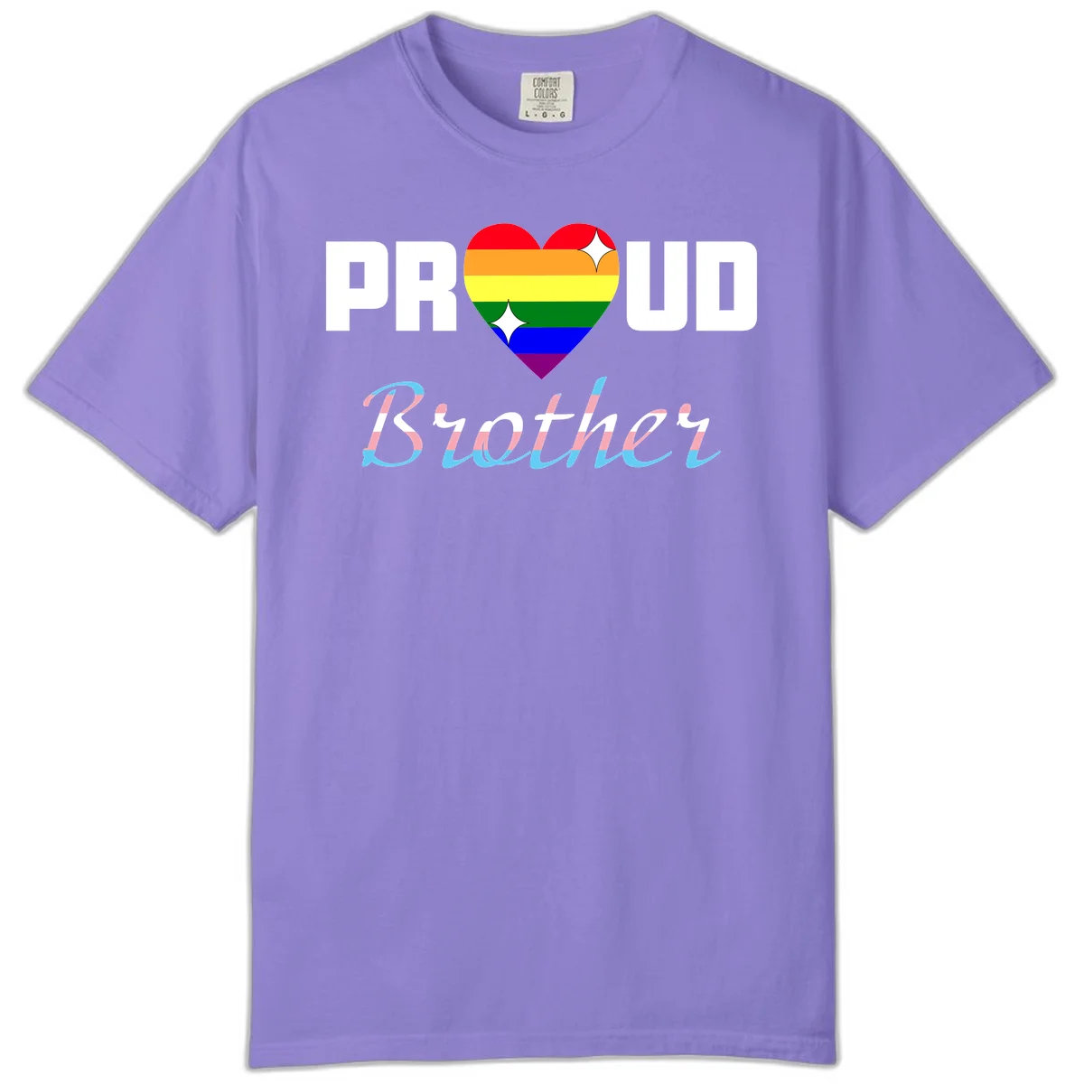 Proud Brother Pride design with rainbow-striped heart and colorful text celebrating LGBTQ+ pride and family support in Violet