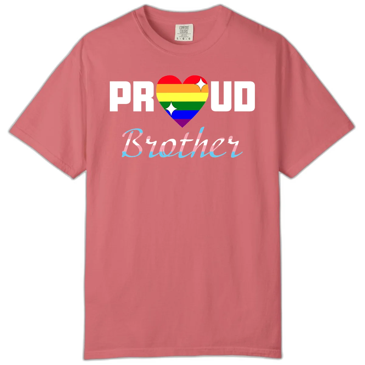 Proud Brother Pride design with rainbow-striped heart and colorful text celebrating LGBTQ+ pride and family support in Watermelon