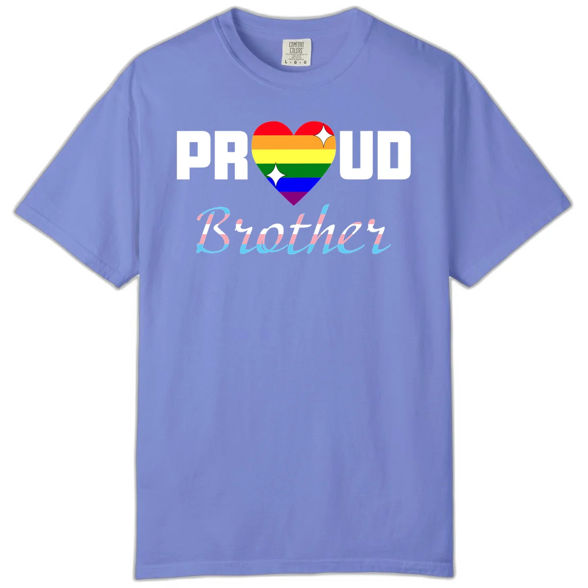 Proud Brother Pride design with rainbow-striped heart and colorful text celebrating LGBTQ+ pride and family support in Flo Blue