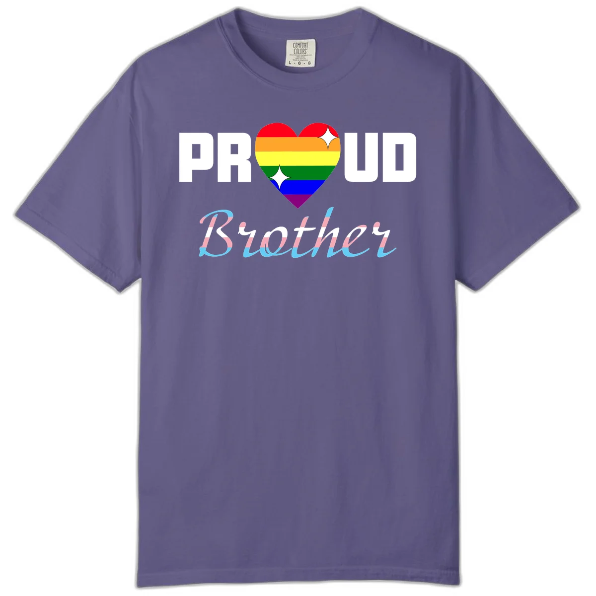 Proud Brother Pride design with rainbow-striped heart and colorful text celebrating LGBTQ+ pride and family support in Grape