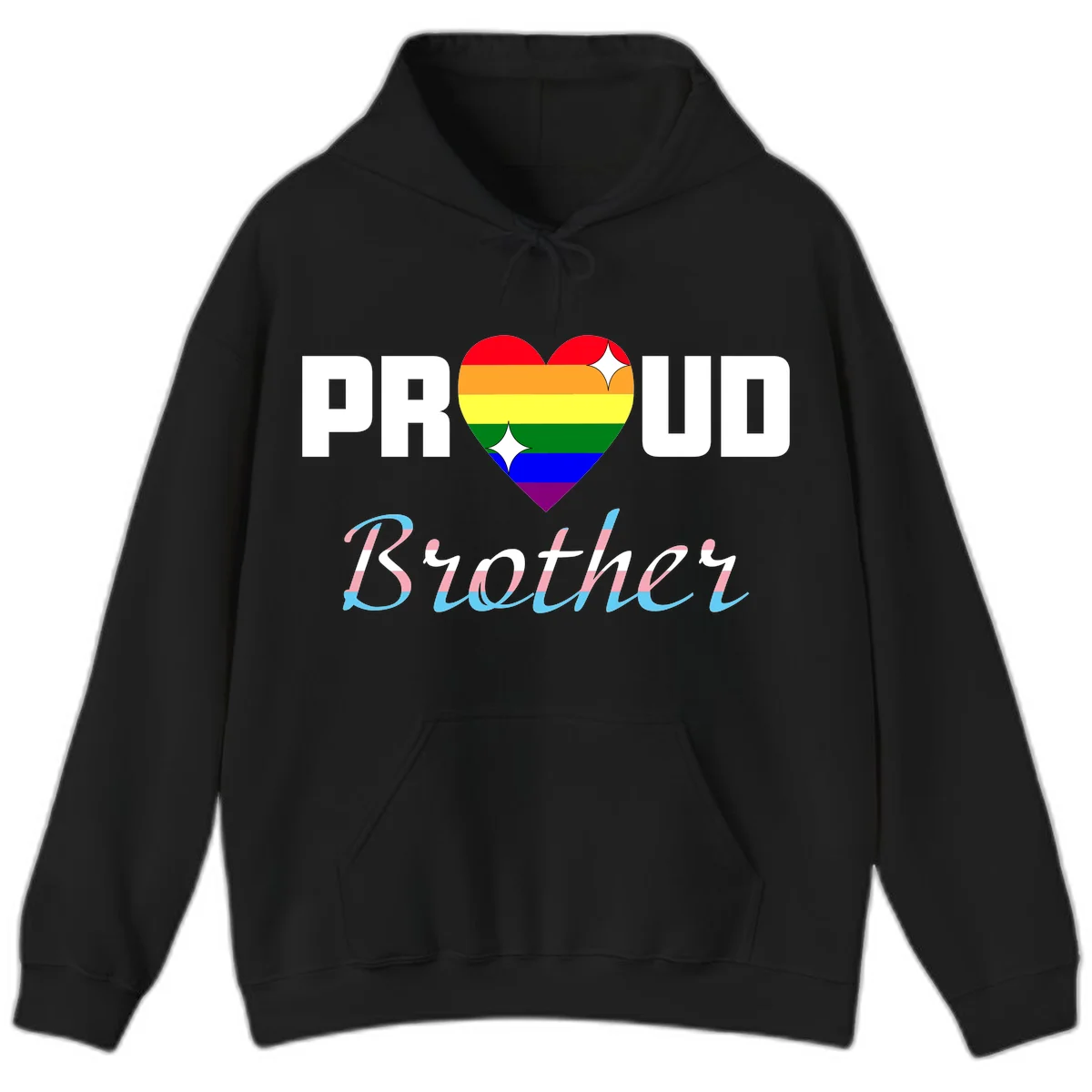 Proud Brother Pride design with rainbow-striped heart and colorful text celebrating LGBTQ+ pride and family support in Black