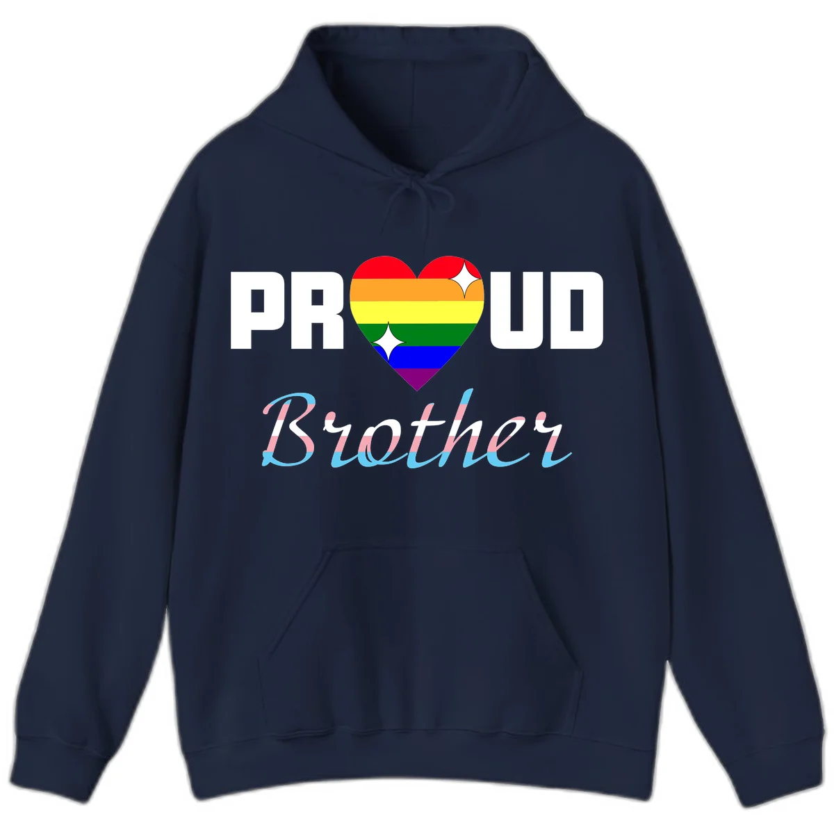 Proud Brother Pride design with rainbow-striped heart and colorful text celebrating LGBTQ+ pride and family support in Navy