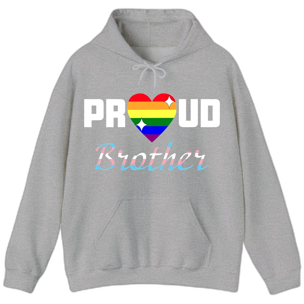 Proud Brother Pride design with rainbow-striped heart and colorful text celebrating LGBTQ+ pride and family support in Sport Grey