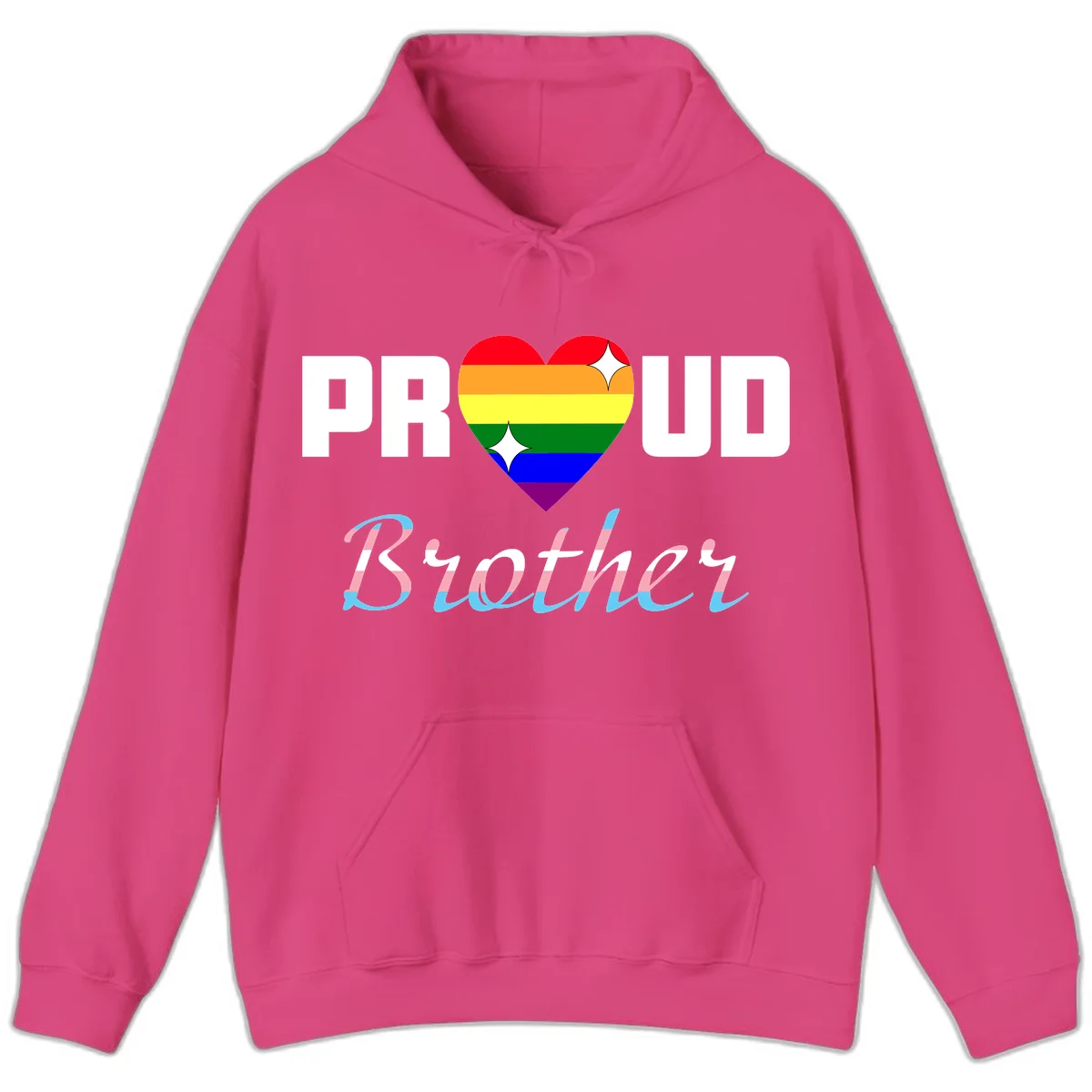 Proud Brother Pride design with rainbow-striped heart and colorful text celebrating LGBTQ+ pride and family support in Heliconia