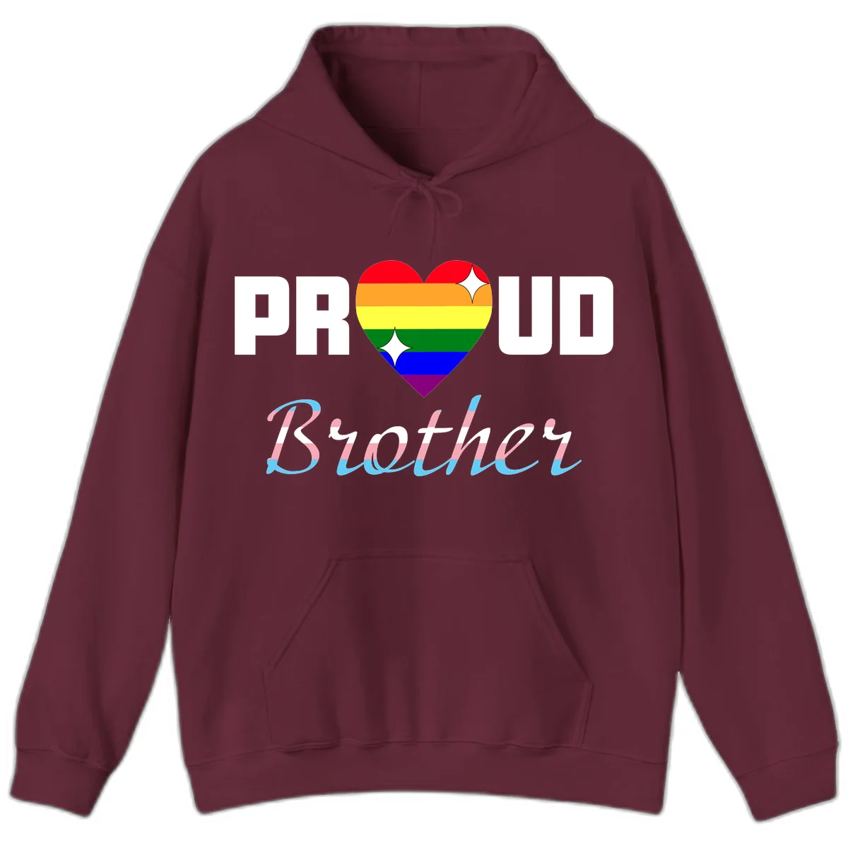 Proud Brother Pride design with rainbow-striped heart and colorful text celebrating LGBTQ+ pride and family support in Maroon