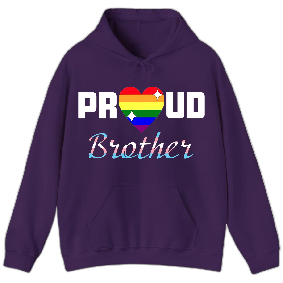 Proud Brother Pride design with rainbow-striped heart and colorful text celebrating LGBTQ+ pride and family support in Purple