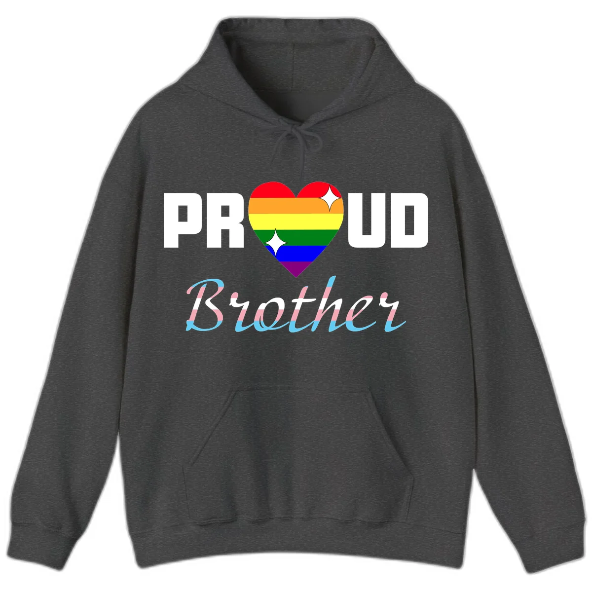 Proud Brother Pride design with rainbow-striped heart and colorful text celebrating LGBTQ+ pride and family support in Dark Heather