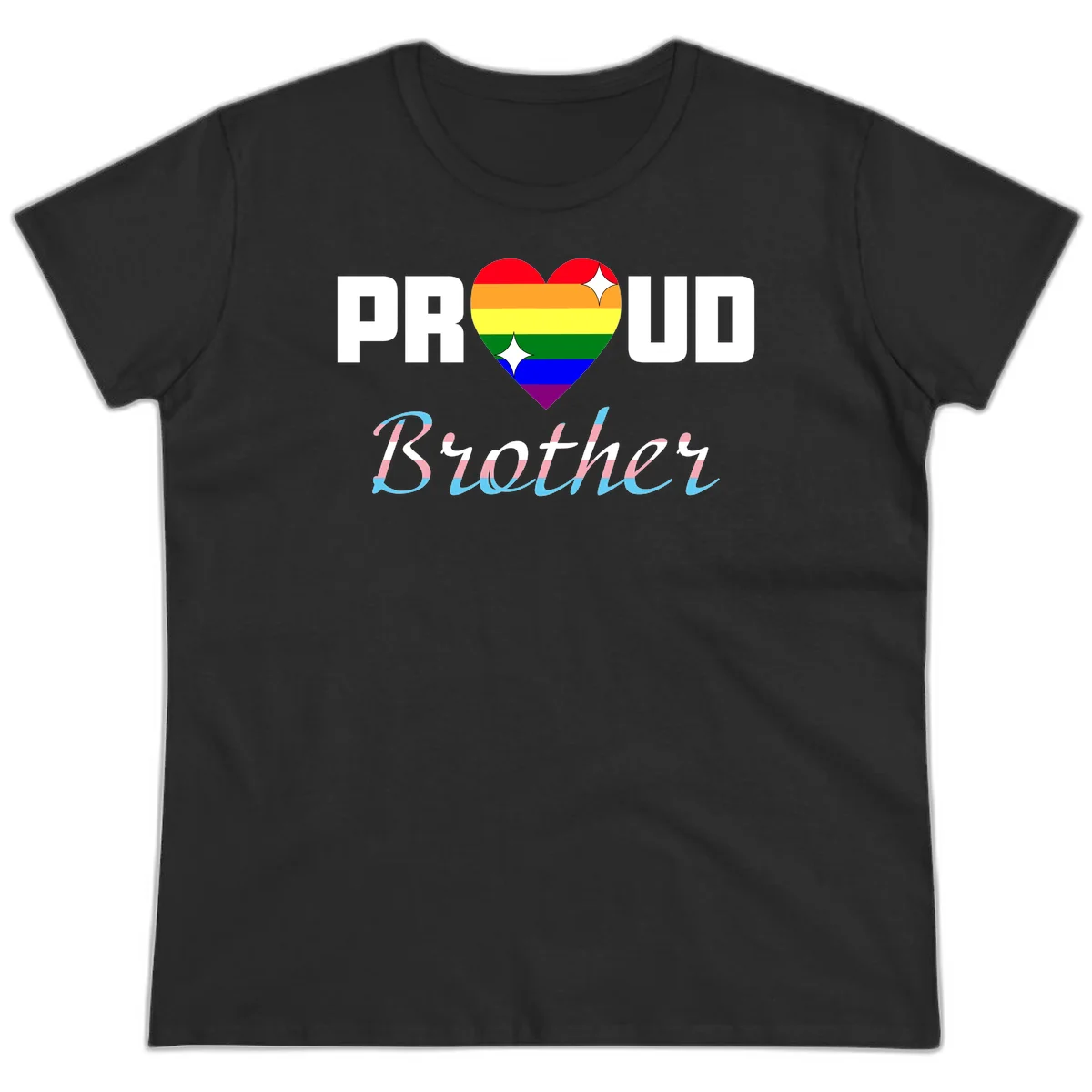 Proud Brother Pride design with rainbow-striped heart and colorful text celebrating LGBTQ+ pride and family support in Black