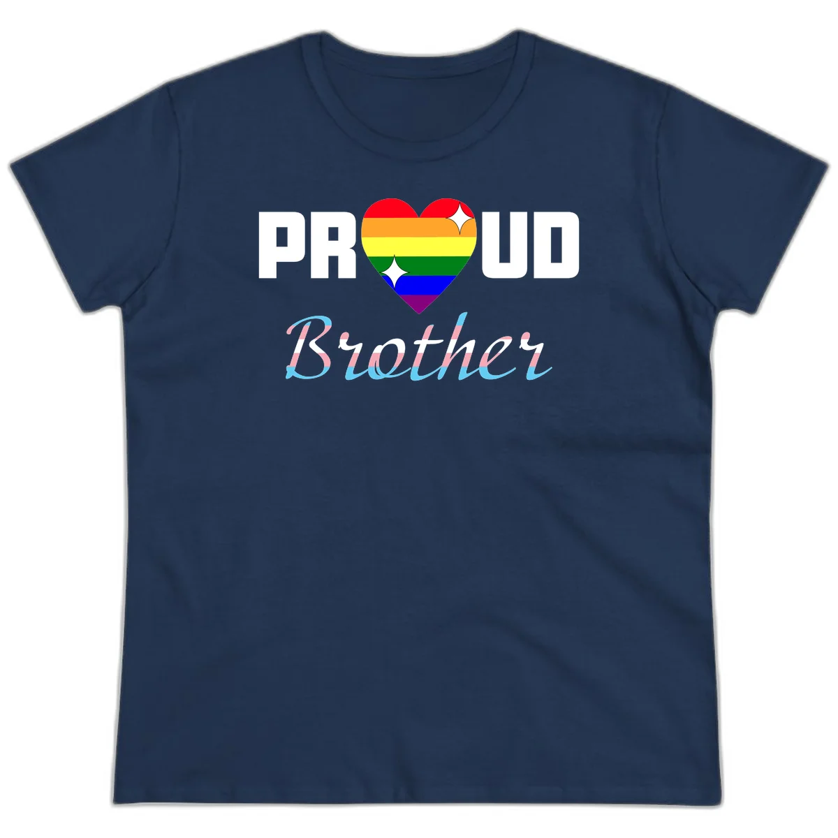 Proud Brother Pride design with rainbow-striped heart and colorful text celebrating LGBTQ+ pride and family support in Navy