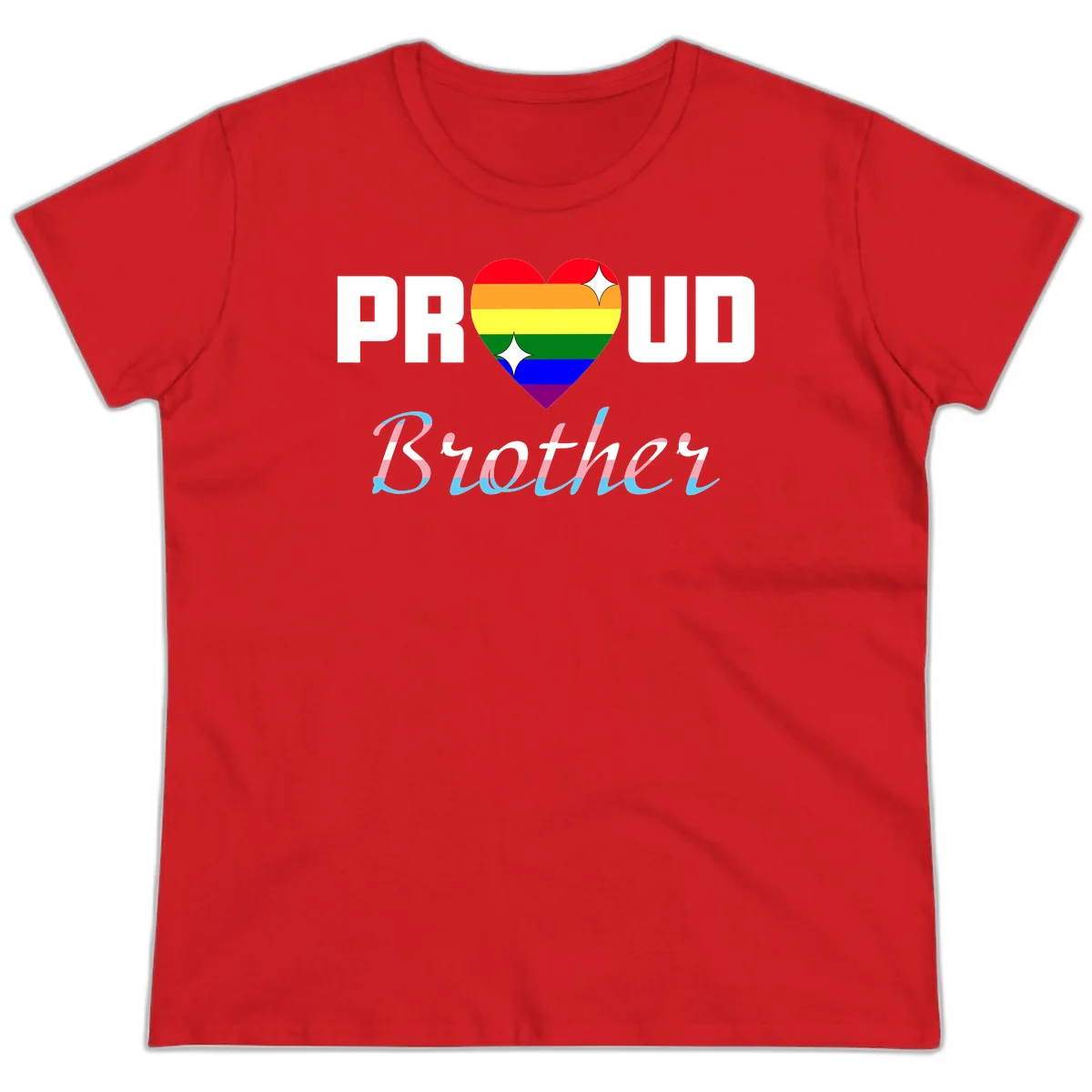 Proud Brother Pride design with rainbow-striped heart and colorful text celebrating LGBTQ+ pride and family support in Red