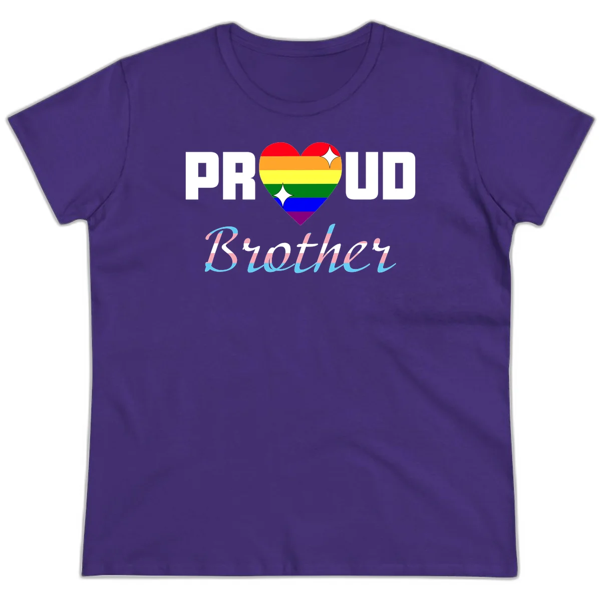Proud Brother Pride design with rainbow-striped heart and colorful text celebrating LGBTQ+ pride and family support in Purple