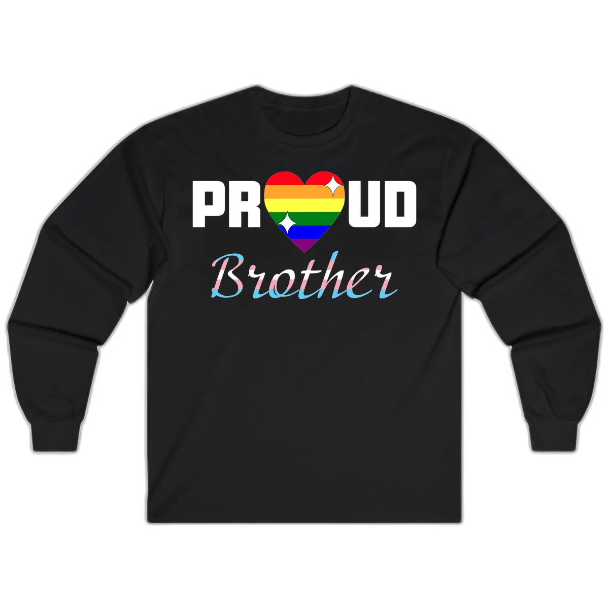 Proud Brother Pride design with rainbow-striped heart and colorful text celebrating LGBTQ+ pride and family support in Black