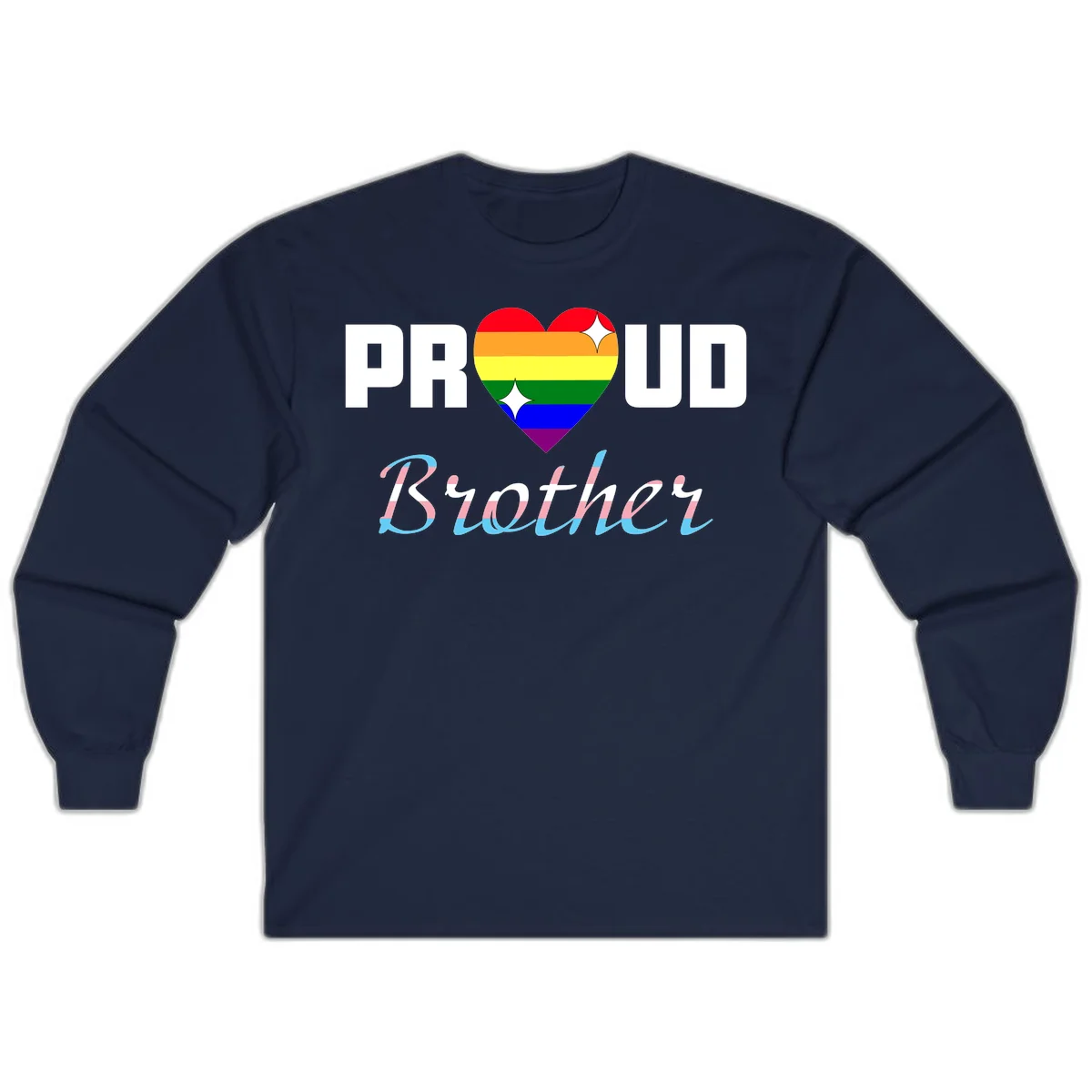 Proud Brother Pride design with rainbow-striped heart and colorful text celebrating LGBTQ+ pride and family support in Navy