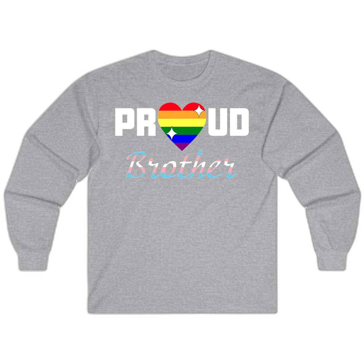Proud Brother Pride design with rainbow-striped heart and colorful text celebrating LGBTQ+ pride and family support in Sport Grey