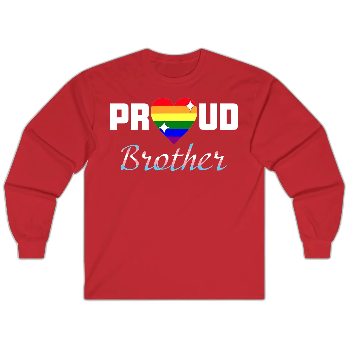 Proud Brother Pride design with rainbow-striped heart and colorful text celebrating LGBTQ+ pride and family support in Red