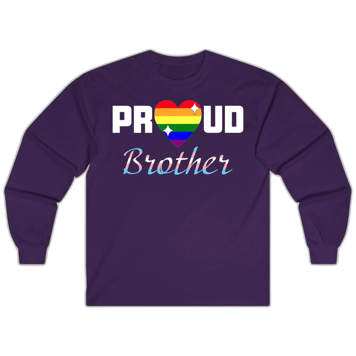 Proud Brother Pride design with rainbow-striped heart and colorful text celebrating LGBTQ+ pride and family support in Purple