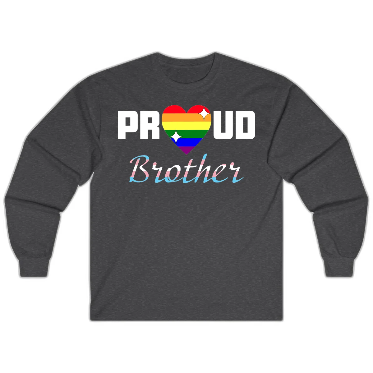 Proud Brother Pride design with rainbow-striped heart and colorful text celebrating LGBTQ+ pride and family support in Dark Heather
