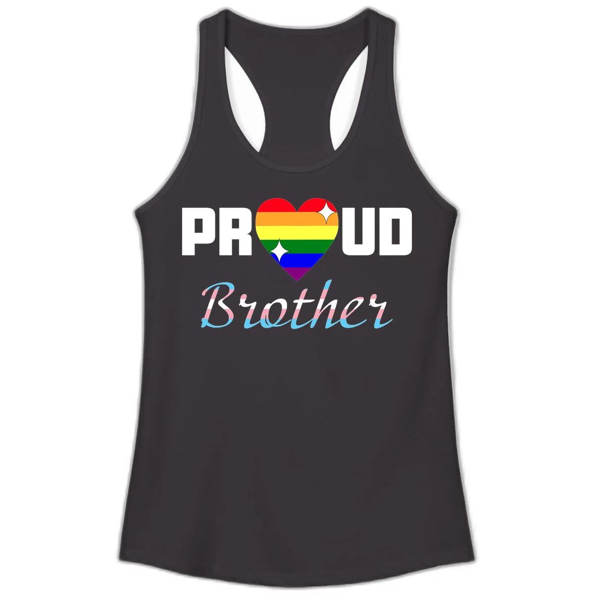 Proud Brother Pride design with rainbow-striped heart and colorful text celebrating LGBTQ+ pride and family support in Black