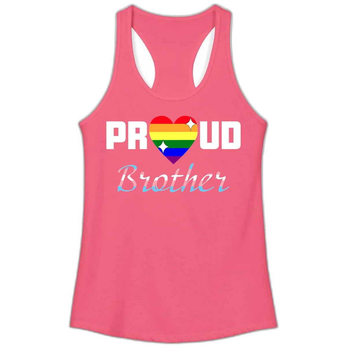 Proud Brother Pride design with rainbow-striped heart and colorful text celebrating LGBTQ+ pride and family support in Hot Pink