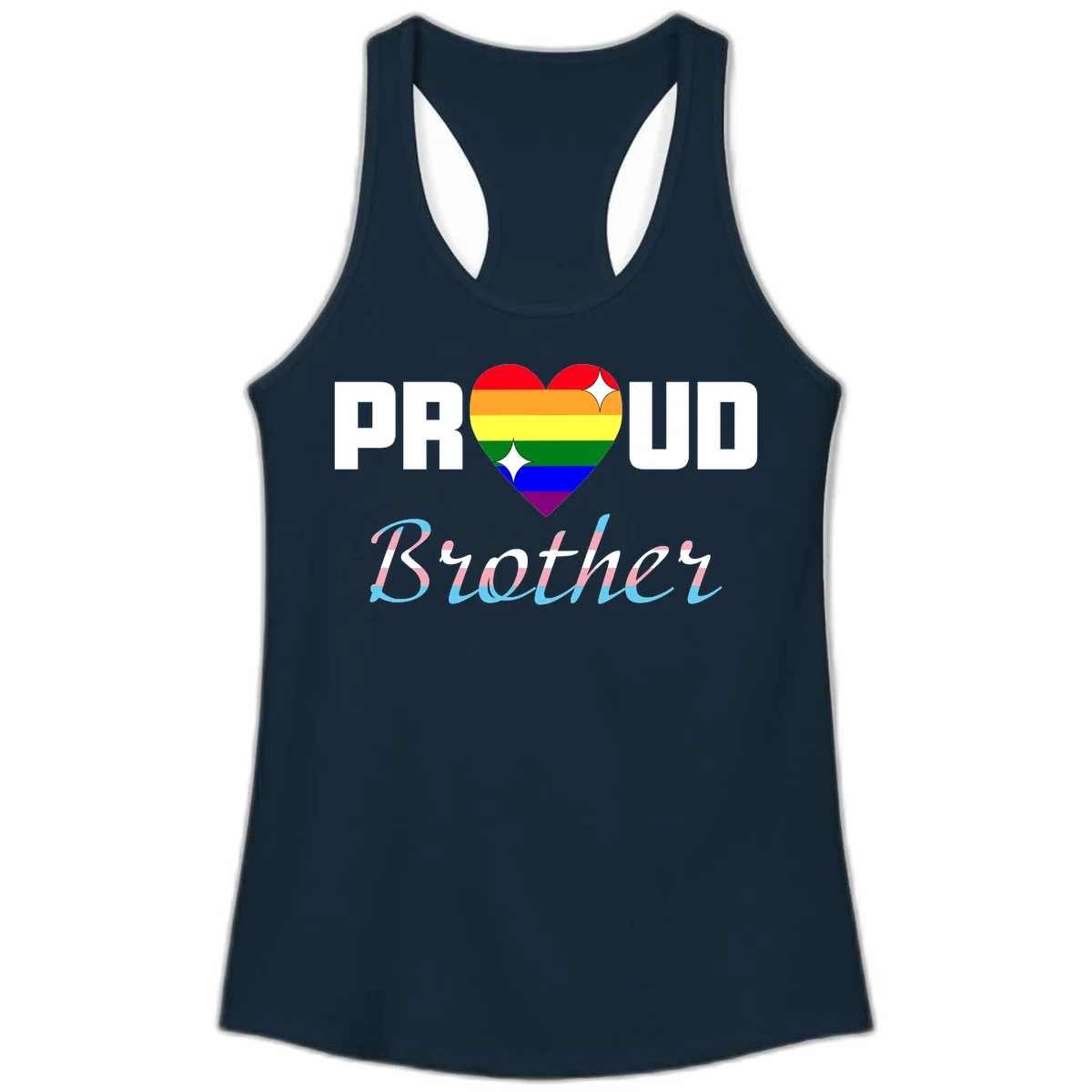 Proud Brother Pride design with rainbow-striped heart and colorful text celebrating LGBTQ+ pride and family support in Solid Midnight Navy