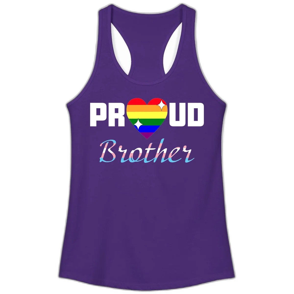 Proud Brother Pride design with rainbow-striped heart and colorful text celebrating LGBTQ+ pride and family support in Solid Purple Rush